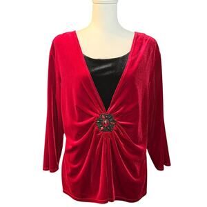 Vintage Notation Red Velvet Ruched Embellished Top Size XL